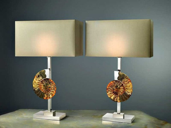 Fossil shell table lamp on nikel plated metal base with chinette shade