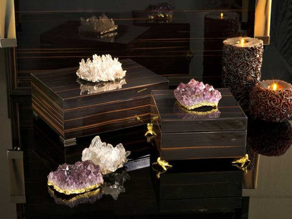Ebony boxes with crystal rock or amethyst druse and silver or gold plated accessories