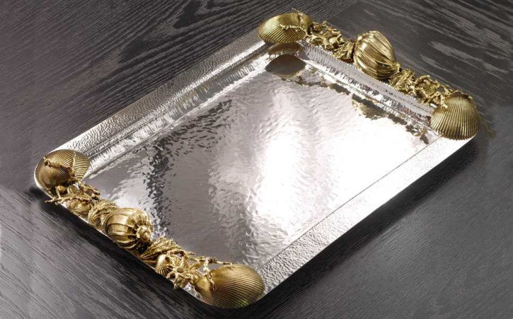 Silver plated metal hammered tray with golded sea decorations