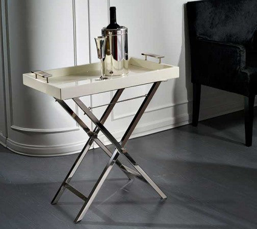 Avory laquered wooden tray with horn handles and nikel plated accessories and nikel plated metal plian