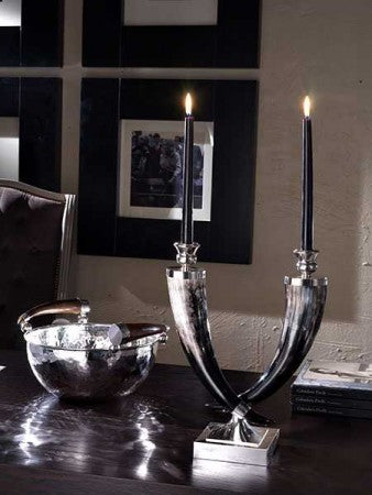 Hammered Bowl , silver plated metal, with horn handles and double horn silver plated metal candlestick