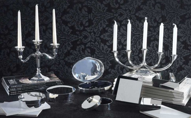 Sterling silver candlesticks and boxes