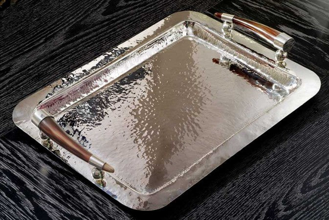 Hammered squared Tray with horn handles, silver plated metal