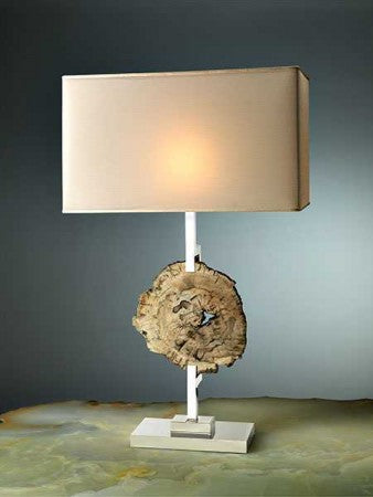 Table lamp, nikel plated metal, with fossil wood and crepon shade