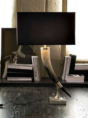 Horn table lamp , nikel plated metal with black shade