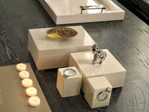 Avory laquered wooden boxes, tray, tealight and clock with horn, fossil shell and silver,nikel or gold plated accessories