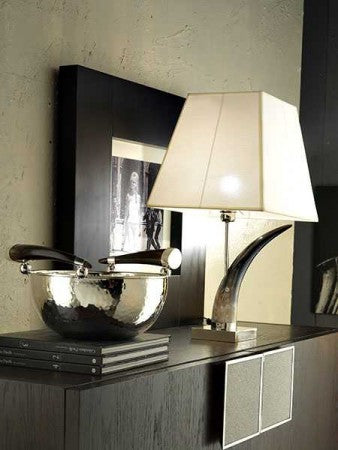 Hammered Bowl , silver plated metal,with horn handles and table lamp, nikel plated metal, with shade