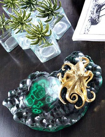 Malachite tray with golded sterling silver octopus