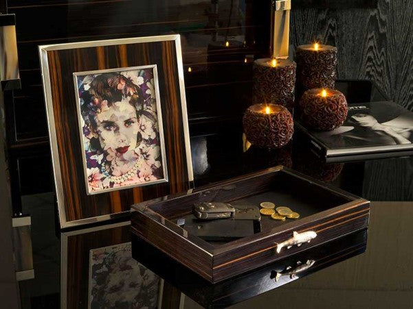 Ebony and sterling silver frame and ebony desk organizer with sterling silver accessory