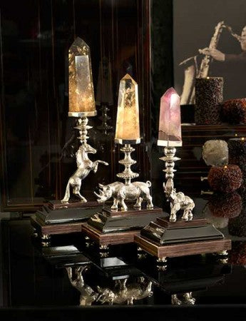 Crystal rock , amethyst and fume' quartz points on silver plated metal and ebony base