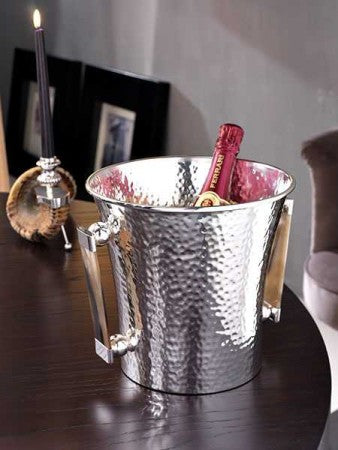 Hammered champagne bucket, silver plated metal with horn handles