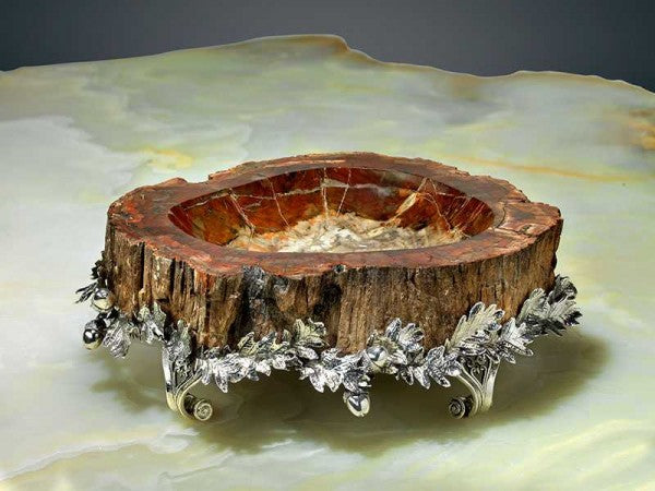 Centerpiece with fossil wood and sterling silver decoration